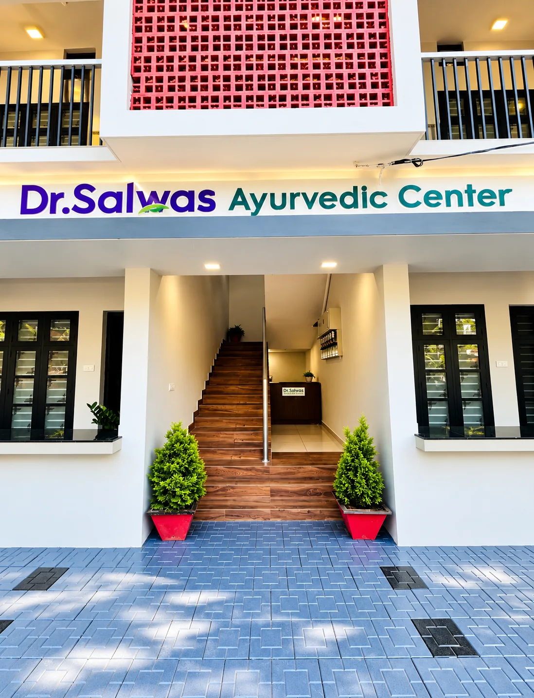 The front entrance and steps at the center