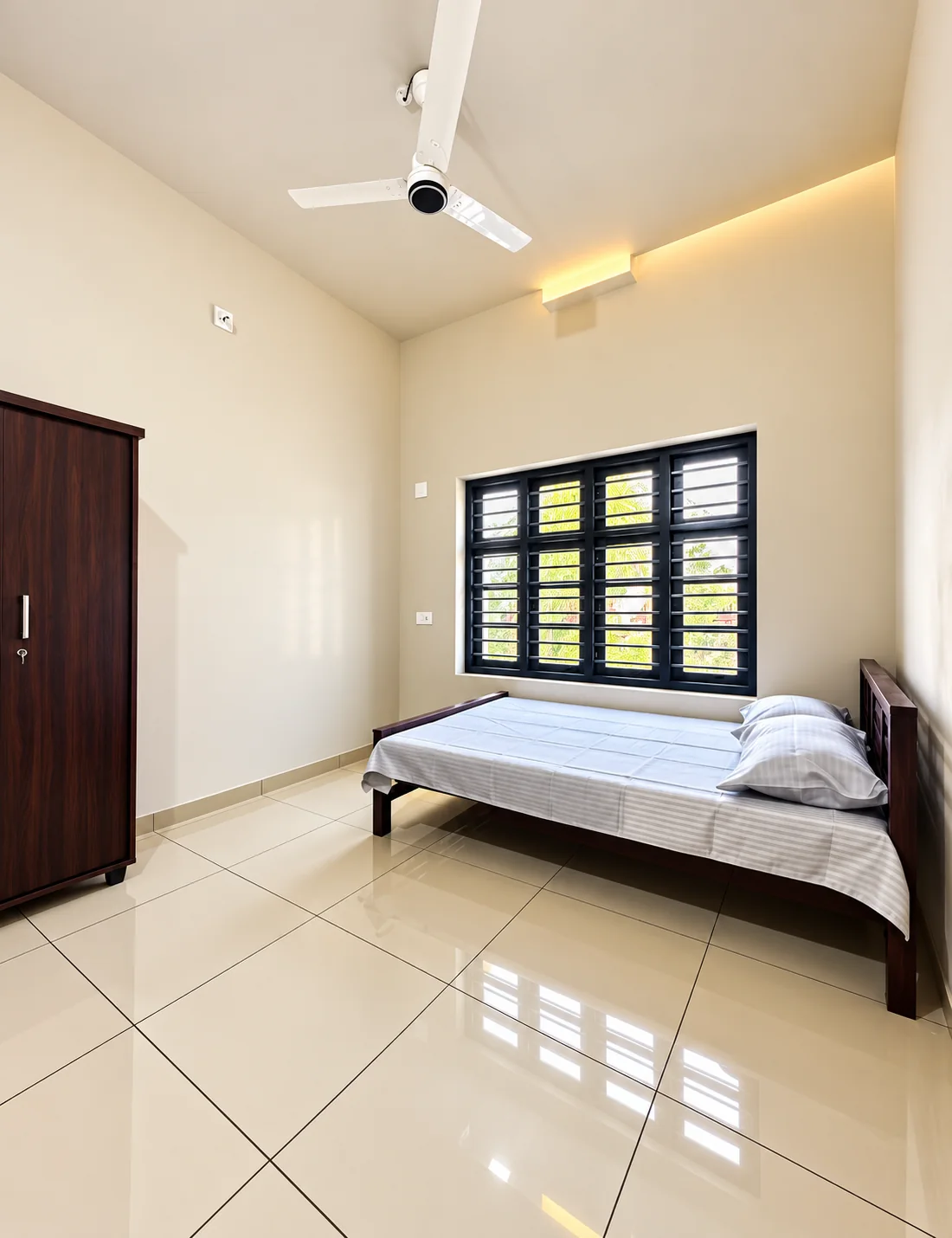 A guest room with a bed and window